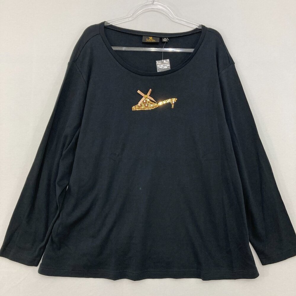 Quacker Factory size 3X Black Gold Sequins Stretch Knit Long Sleeve Casual Top